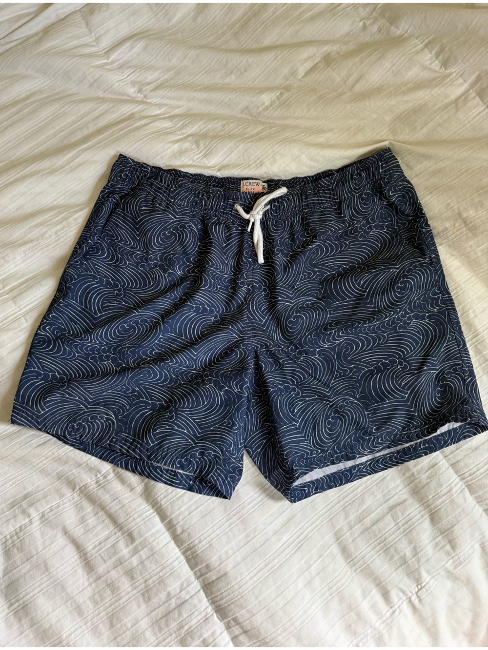 J. Crew Navy Swim Trunks with White Wave Pattern